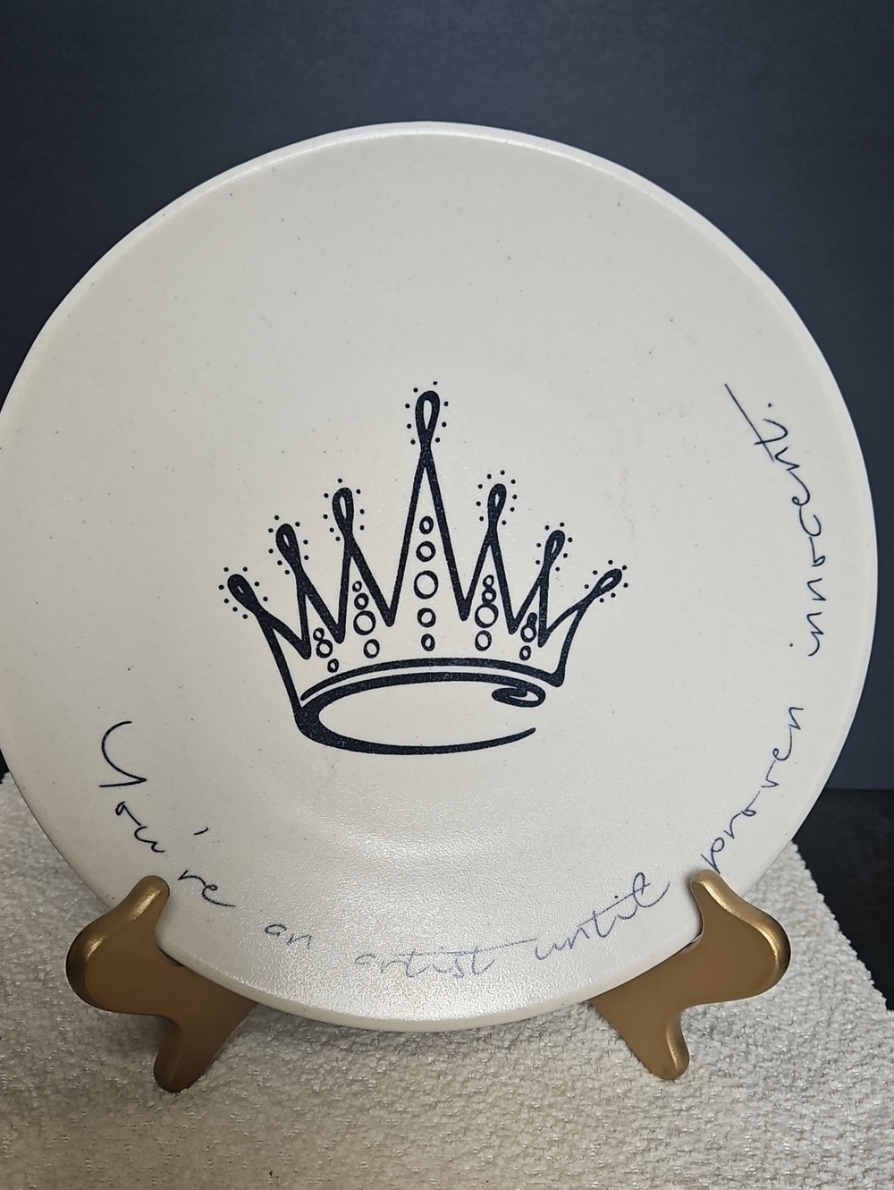 Artworks Rookwood Pottery Artisan White Ceramic Plate with Black Crown Design
